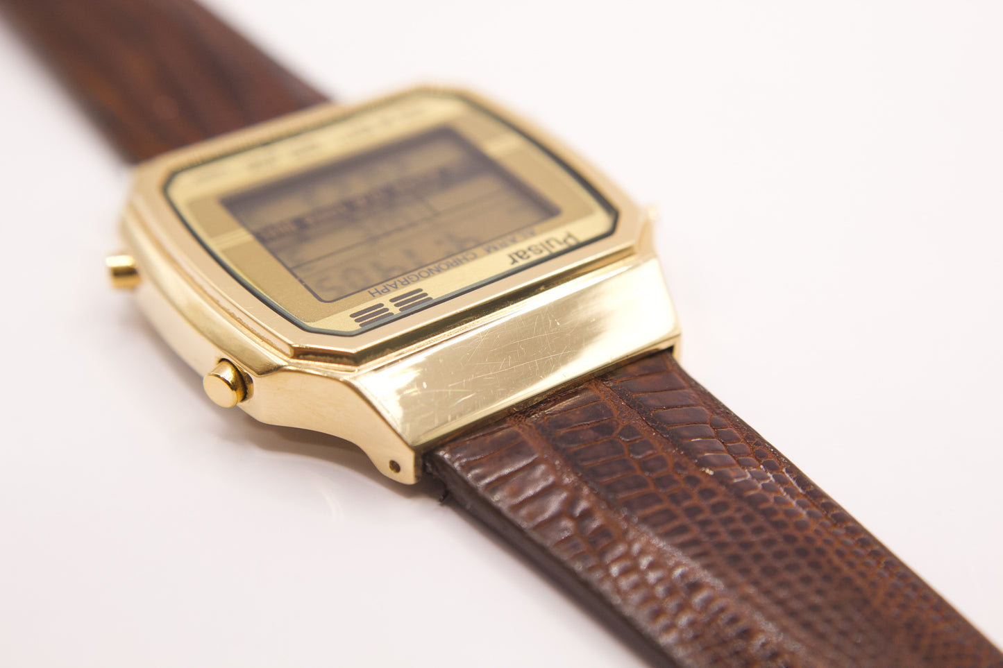 1990s Gold Toned Pulsar Multi-Function Digital Men's Wrist-Watch