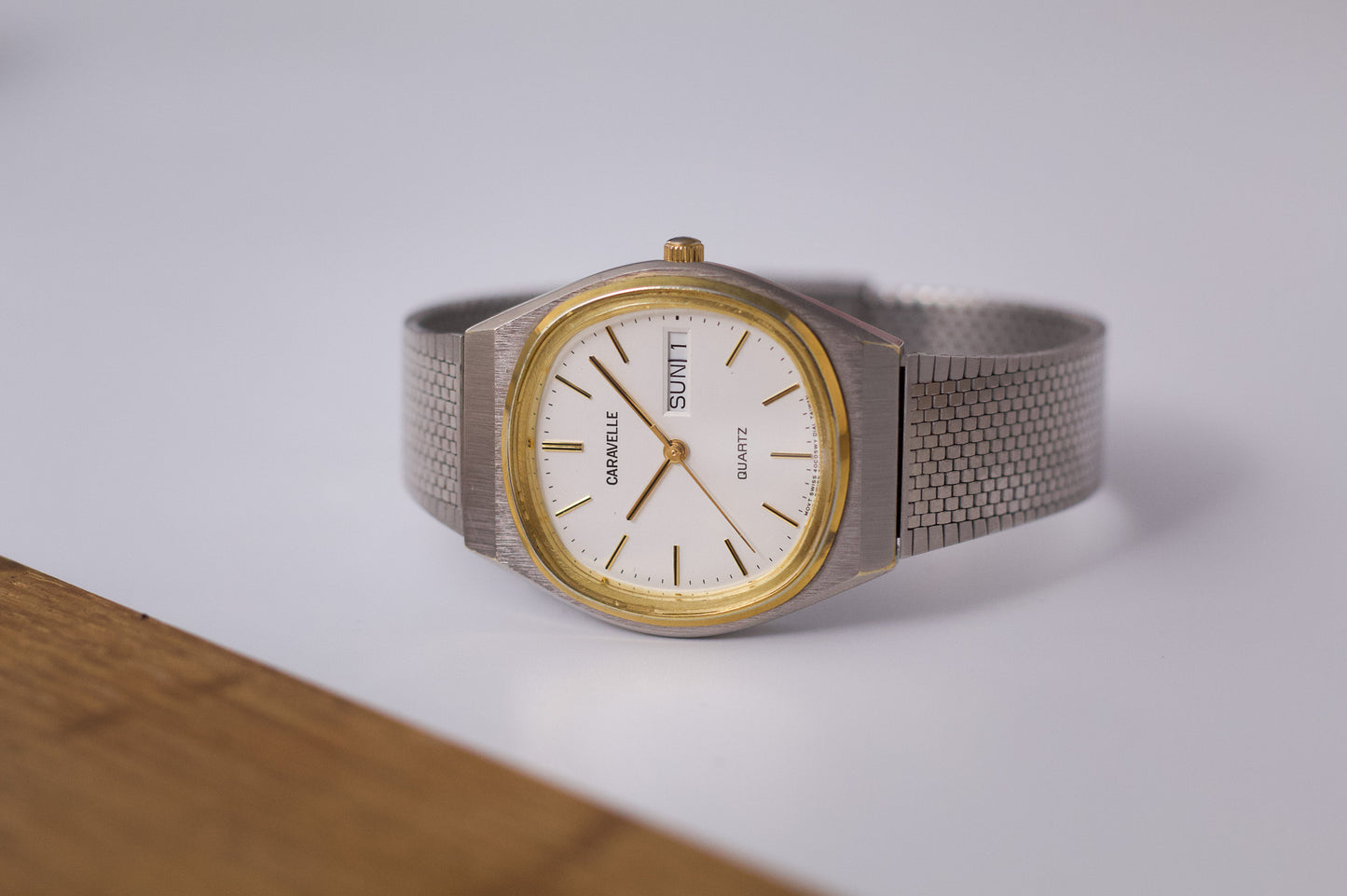 1990s Caravelle Quartz Brilliant White Dial Two Tone Men's Wrist-Watch