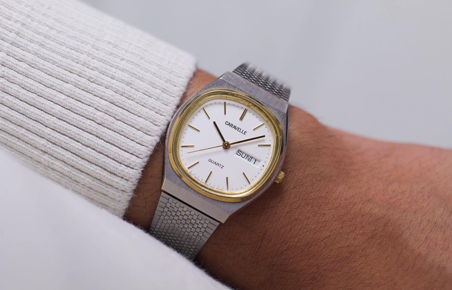 1990s Caravelle Quartz Brilliant White Dial Two Tone Men's Wrist-Watch