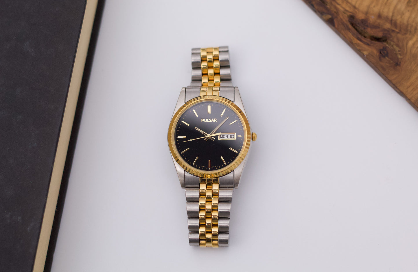 1990s Pulsar Baby 'Day-Date' Inky Black Dial Two Toned Men's Wrist-Watch