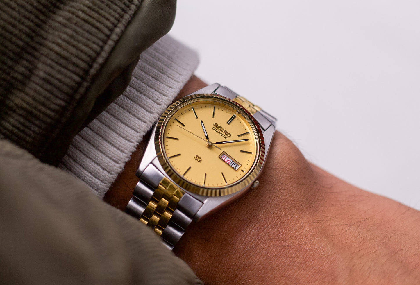 1989 Seiko SQ Rare 'Sample' Variant Golden Dial Two Tone Men's Wrist-Watch