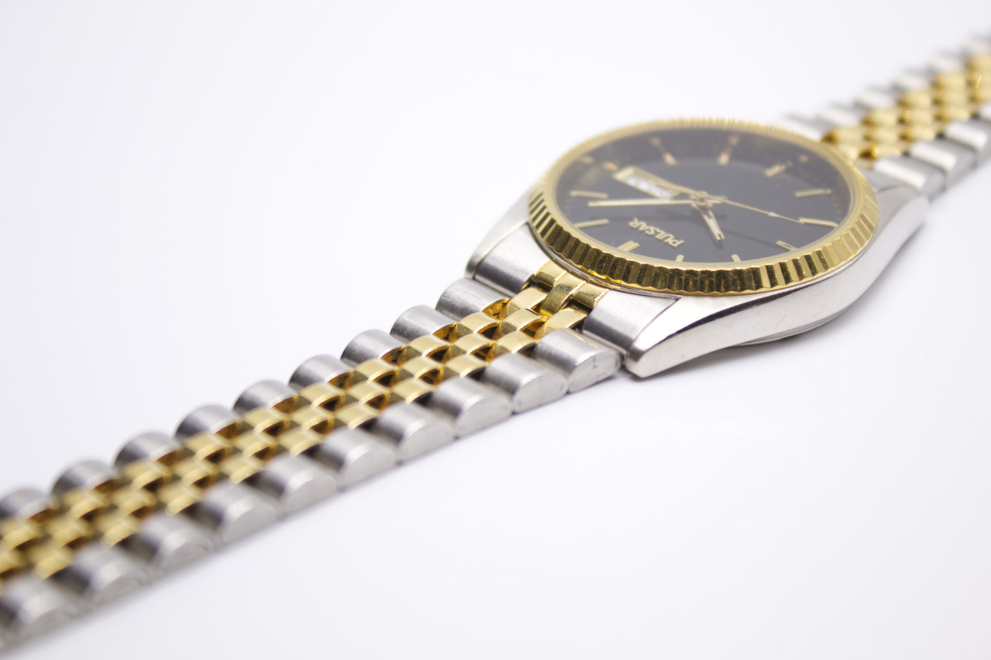 1990s Pulsar Baby 'Day-Date' Inky Black Dial Two Toned Men's Wrist-Watch