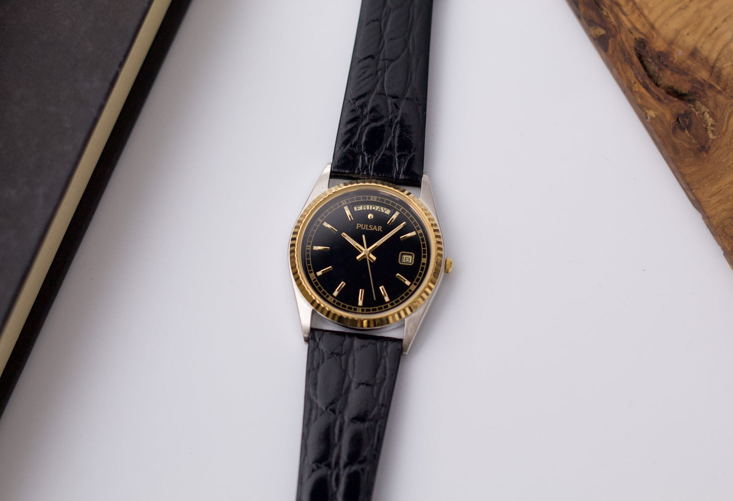 1987 Pulsar 'Baby Presidential' Inky Black Dial Two Tone Men's Wrist-Watch