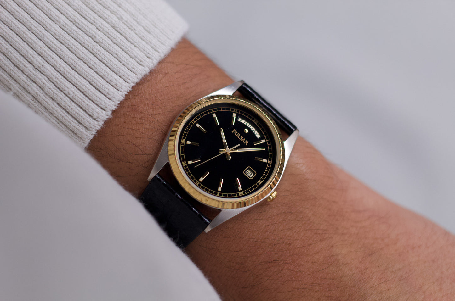 1987 Pulsar 'Baby Presidential' Inky Black Dial Two Tone Men's Wrist-Watch