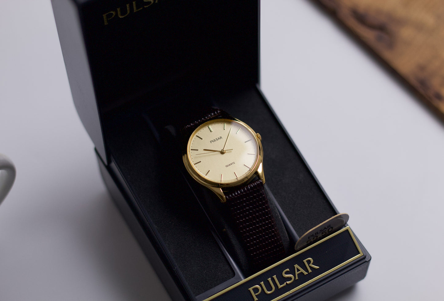 1990s Pulsar Quartz Lightly Brushed Golden Dial Men's Wrist-Watch W/Box & Papers