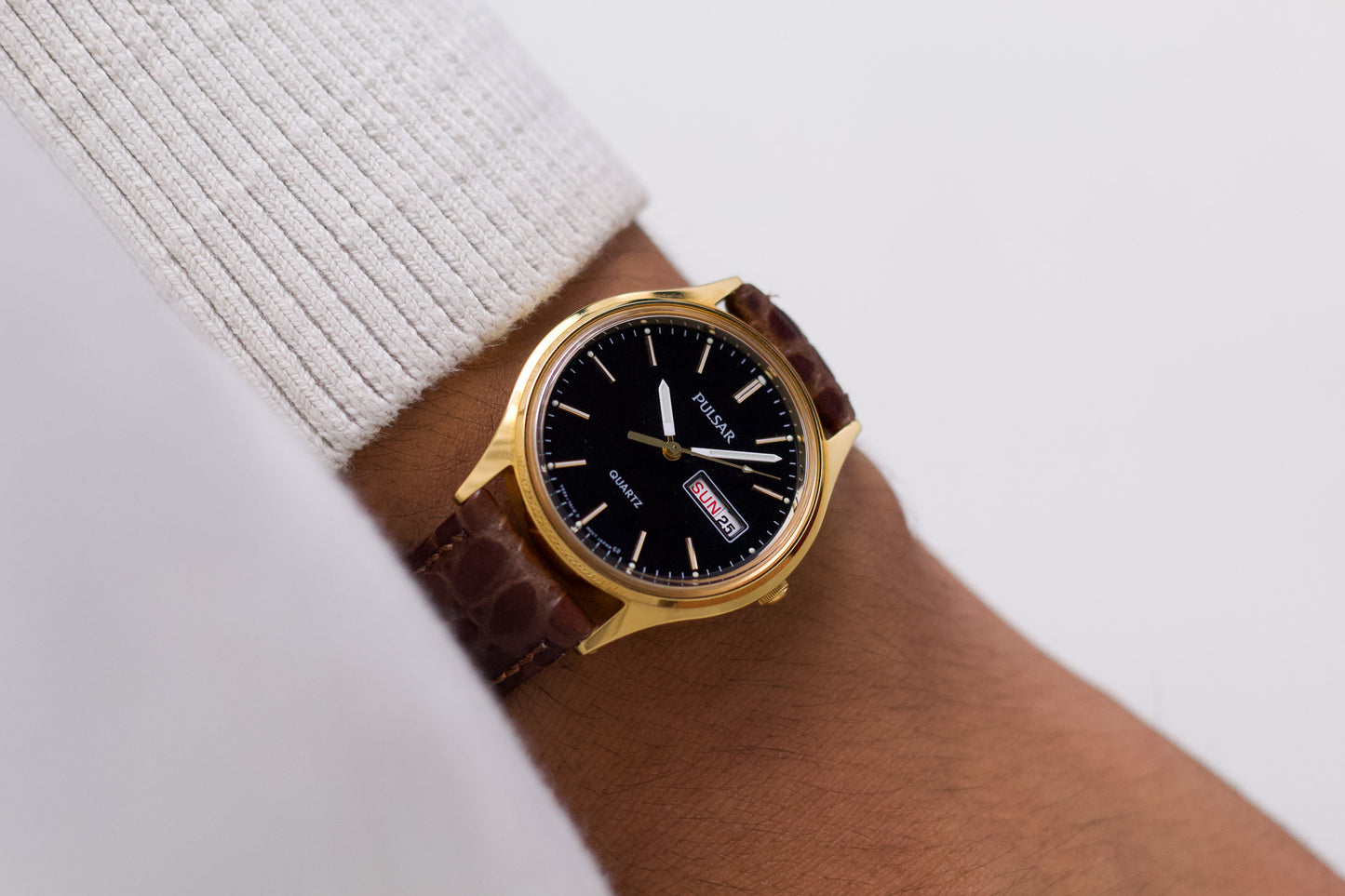 1994 Pulsar Quartz Inky Black Dial Men's Wrist-Watch Full-Set