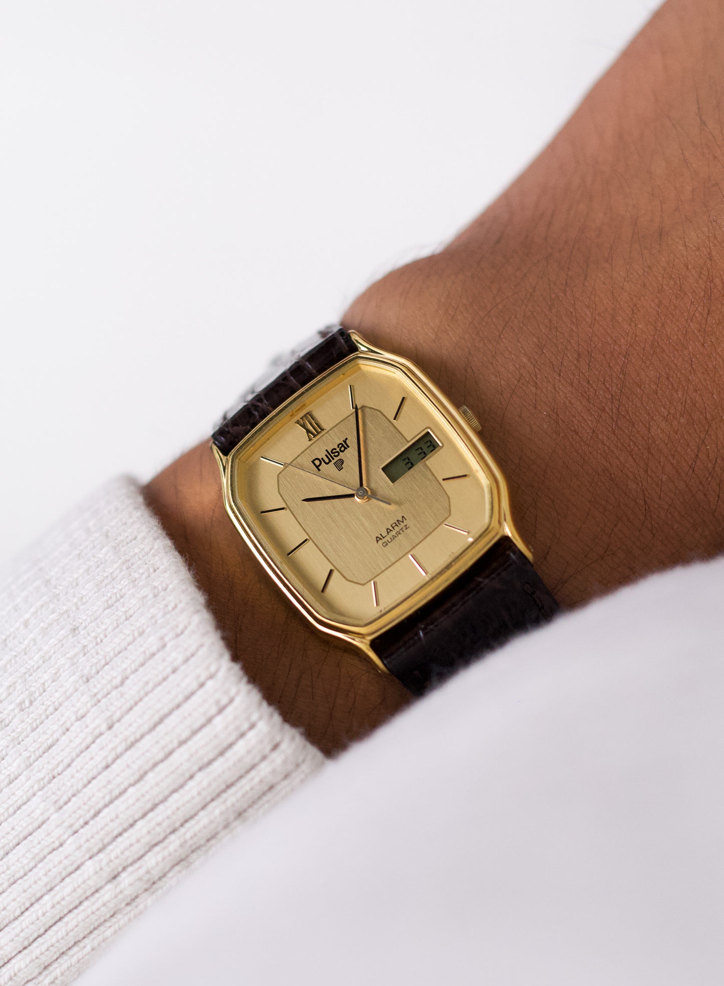 1997 Pulsar Ana-Digi Straight Grain Golden Dial Men's Wrist-Watch