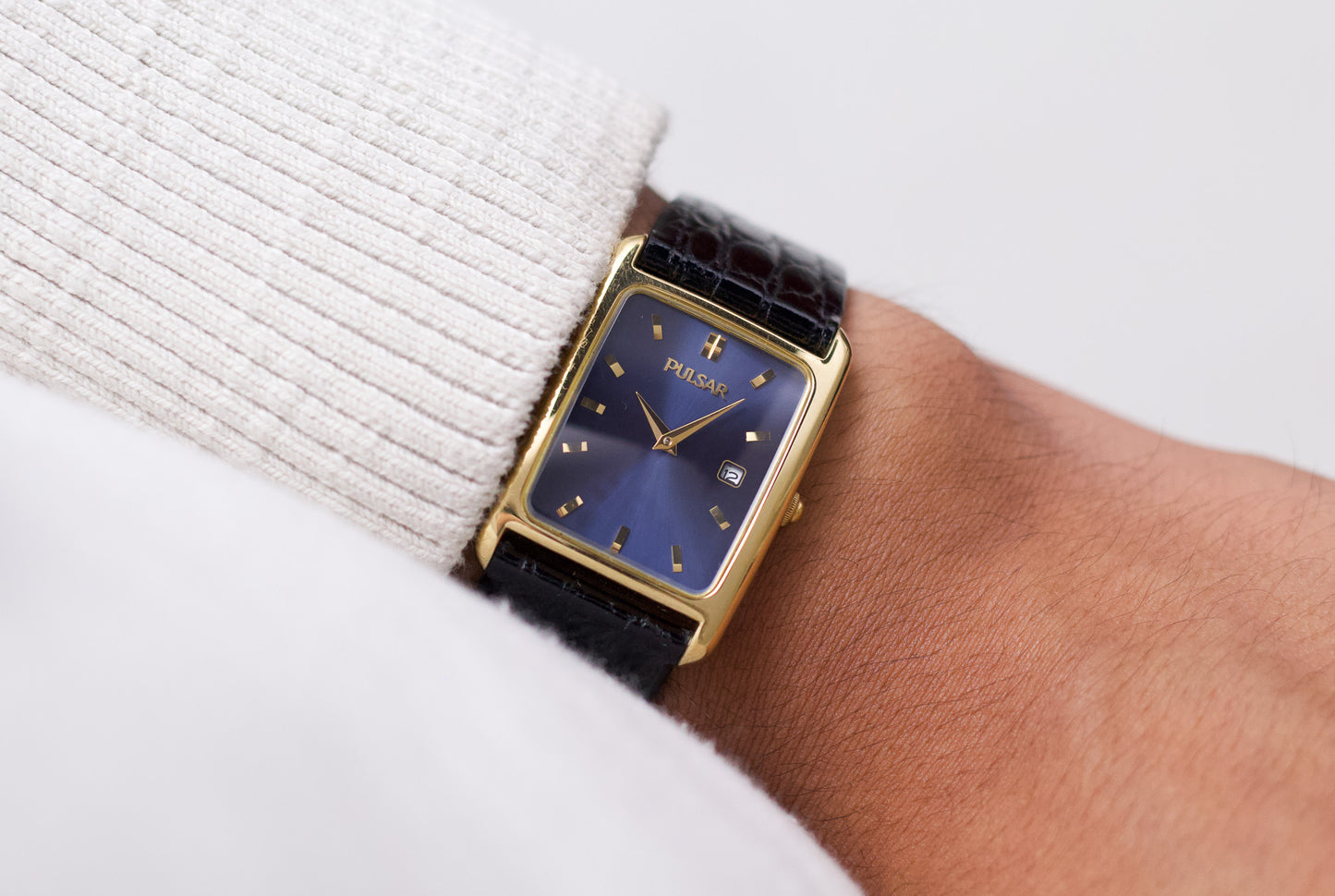 1996 Pulsar Quartz 'Tank' Marine Blue Sunburst Dial Men's Wrist-Watch