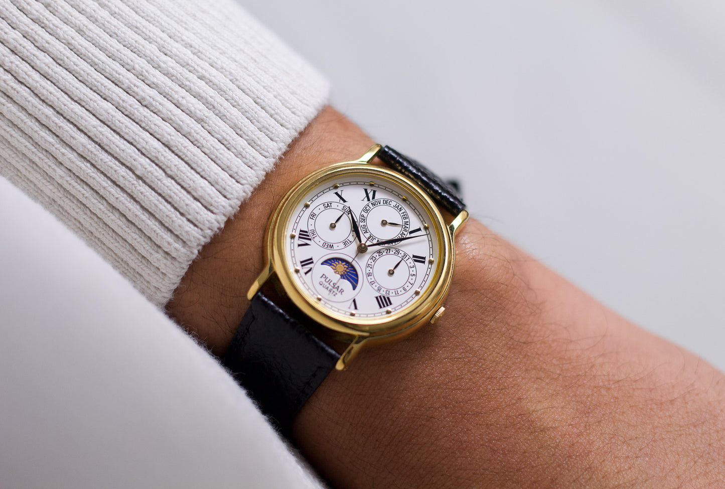 1999 Pulsar Quartz Moonphase Roman Dial Men's Wrist-Watch W/Box & Papers