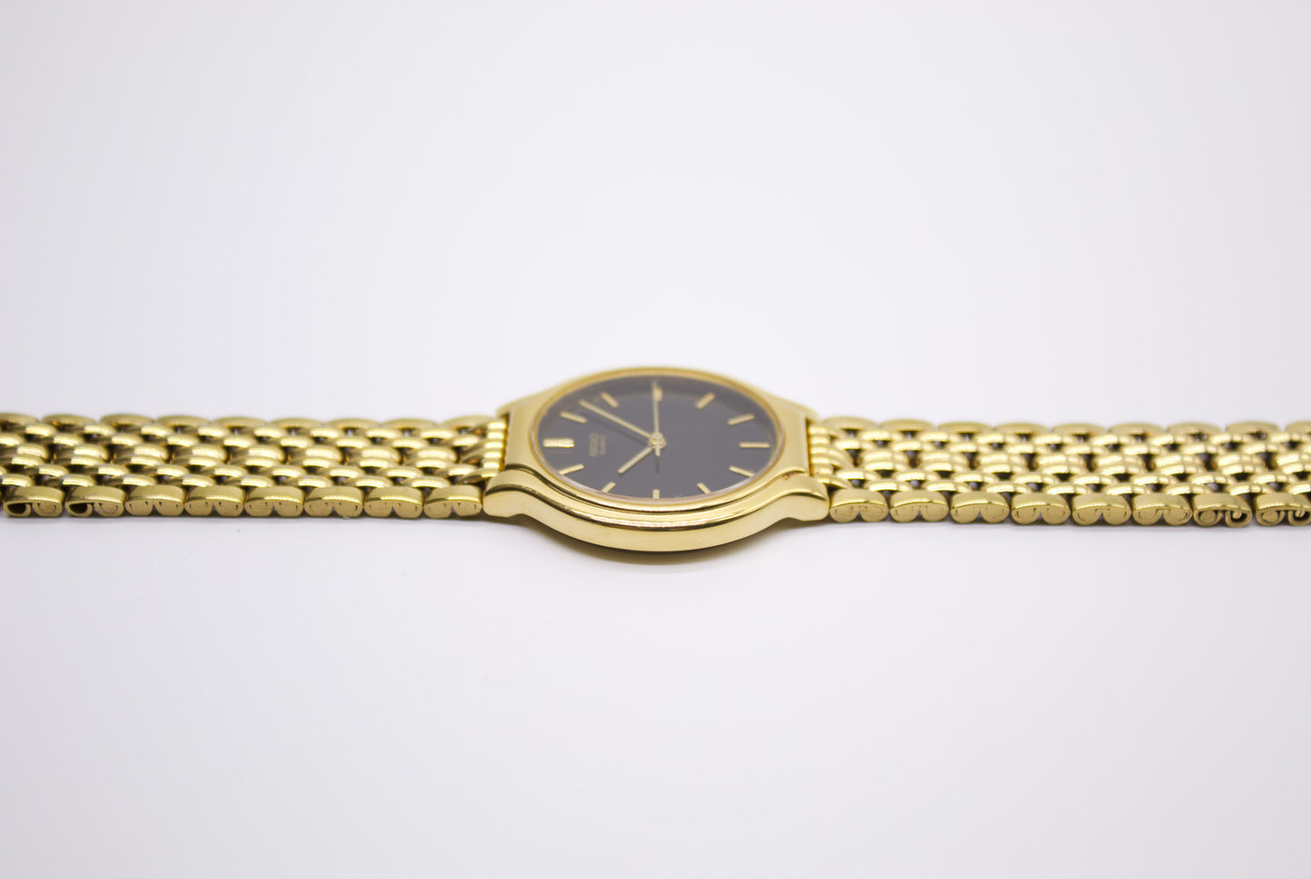 1990 Seiko Gold Toned Beads of Rice Jet Black Dial Men's Wrist-Watch W/Box
