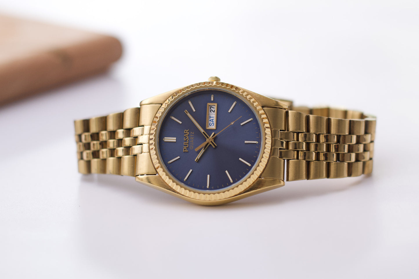 1994 Pulsar Quartz Blue Dial 'Baby Day-Date Men's Two Tone Wrist-Watch