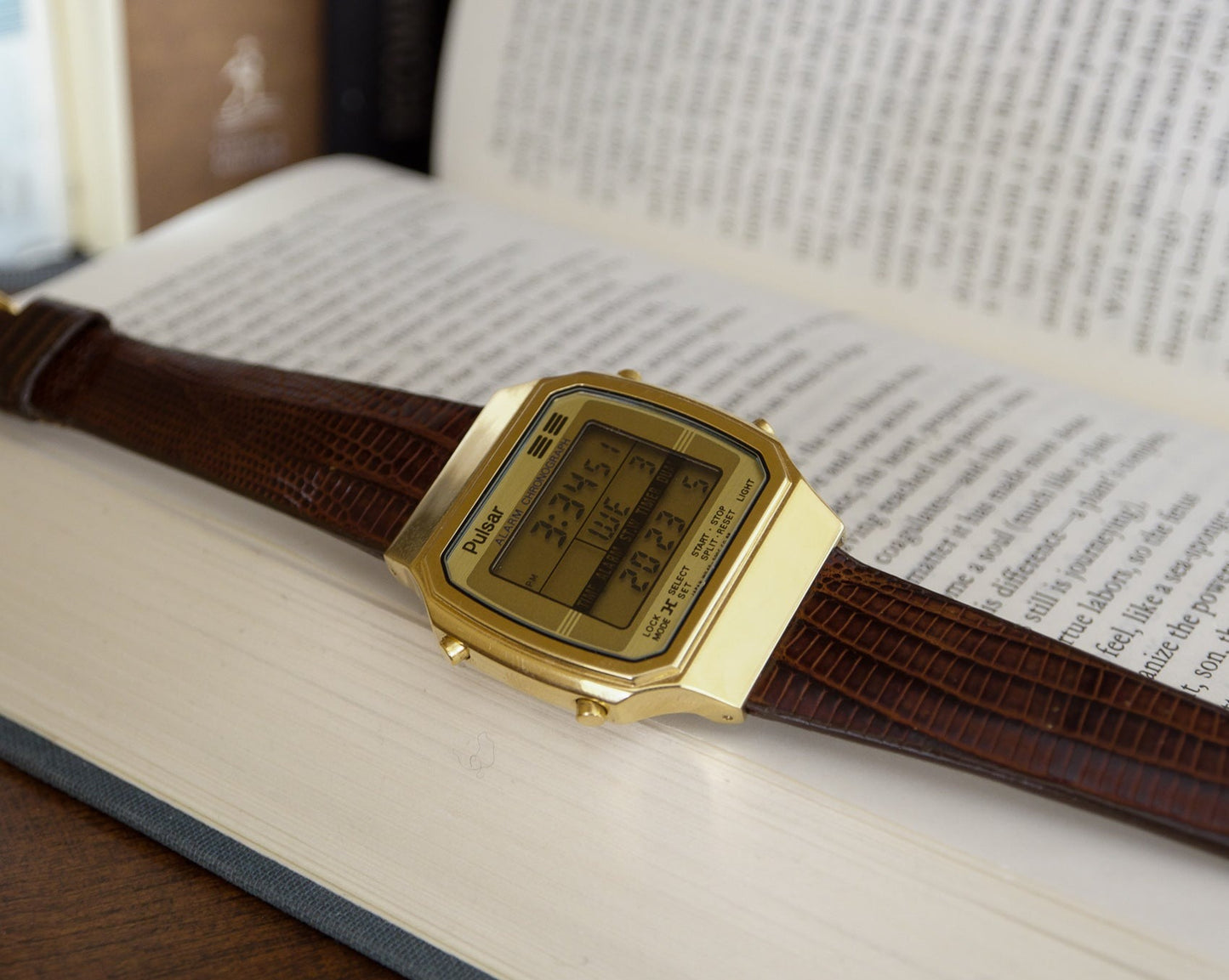 1990s Gold Toned Pulsar Multi-Function Digital Men's Wrist-Watch