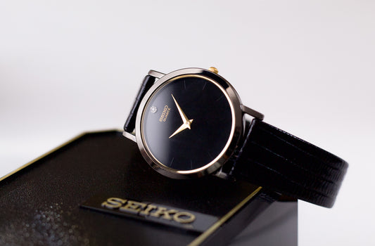 1990s Seiko Quartz Inky Black Dial Men's Wrist Watch Full-Set