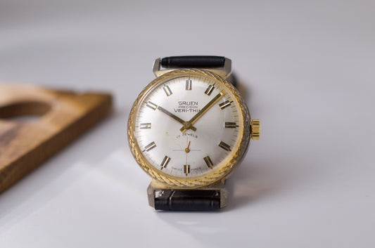 [Serviced] 1960s Gruen Veri-Thin Silver Sunburst Dial Men's Mechanical Wrist-Watch