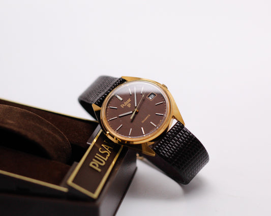 1984 Pulsar Quartz Chocolate Brown Dial Men's Wrist-Watch W/Box