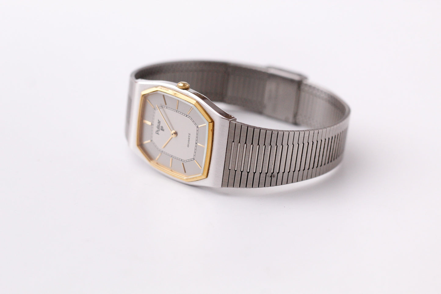 1992 Pulsar Quartz Straight Grain Gray Dial Two Tone Men's Wrist-Watch W/Box