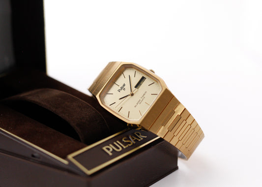 [Near Mint] 1986 Pulsar Ana-Digi Straight Grain Golden Dial Men's Wrist-Watch W/Box