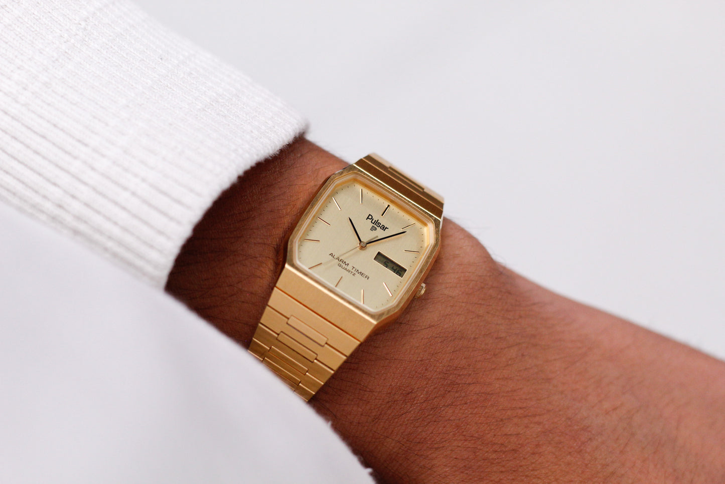 [Near Mint] 1986 Pulsar Ana-Digi Straight Grain Golden Dial Men's Wrist-Watch W/Box