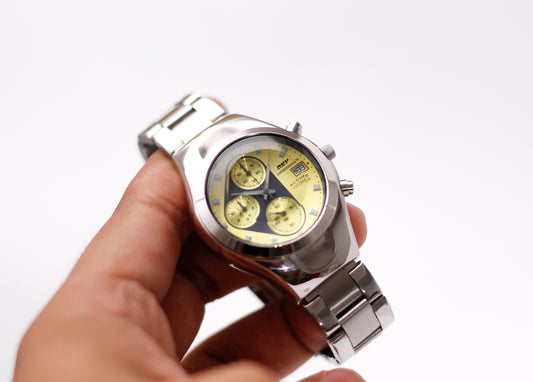 1997 Citizen Oxy Chronograph Yellow Sunburst Dial Cut-Glass Men's Wrist-Watch