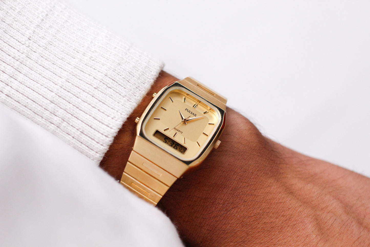 1999 Pulsar Quartz Ana-Digi Straight Grain Golden Dial Men's Wrist-Watch W/Box