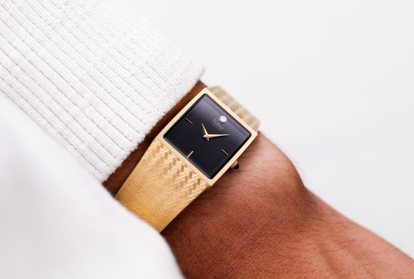 1986 Pulsar Quartz Linear Charcoal Dial Golden Tank Men's Wrist-Watch