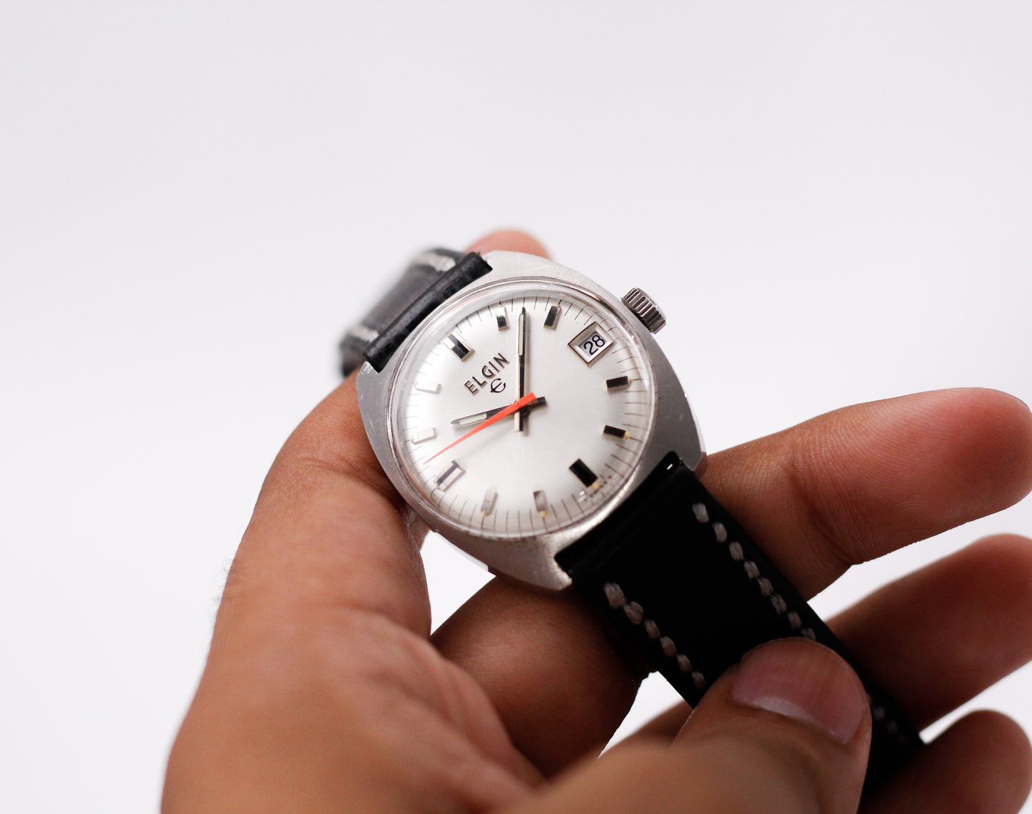 [Serviced] 1970s Elgin Mechanical Silver Sunburst Dial Men's Wrist-Watch
