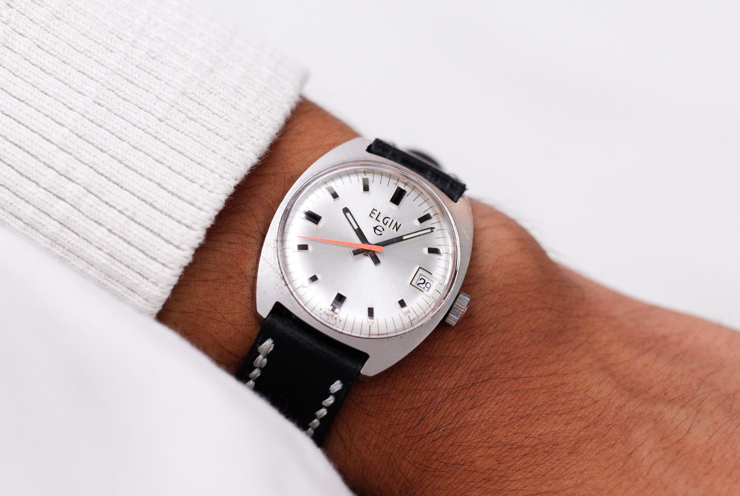[Serviced] 1970s Elgin Mechanical Silver Sunburst Dial Men's Wrist-Watch