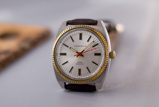 1970s Caravelle Mechanical Silver Sunburst Dial Two Tone Men's Wrist-Watch