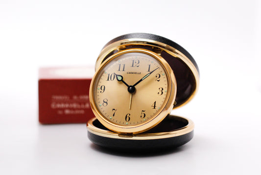 1960s Caravelle Golden Sunburst Dial Travel Alarm-Clock W/Box & Papers