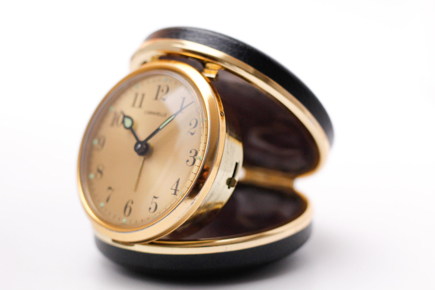 1960s Caravelle Golden Sunburst Dial Travel Alarm-Clock W/Box & Papers