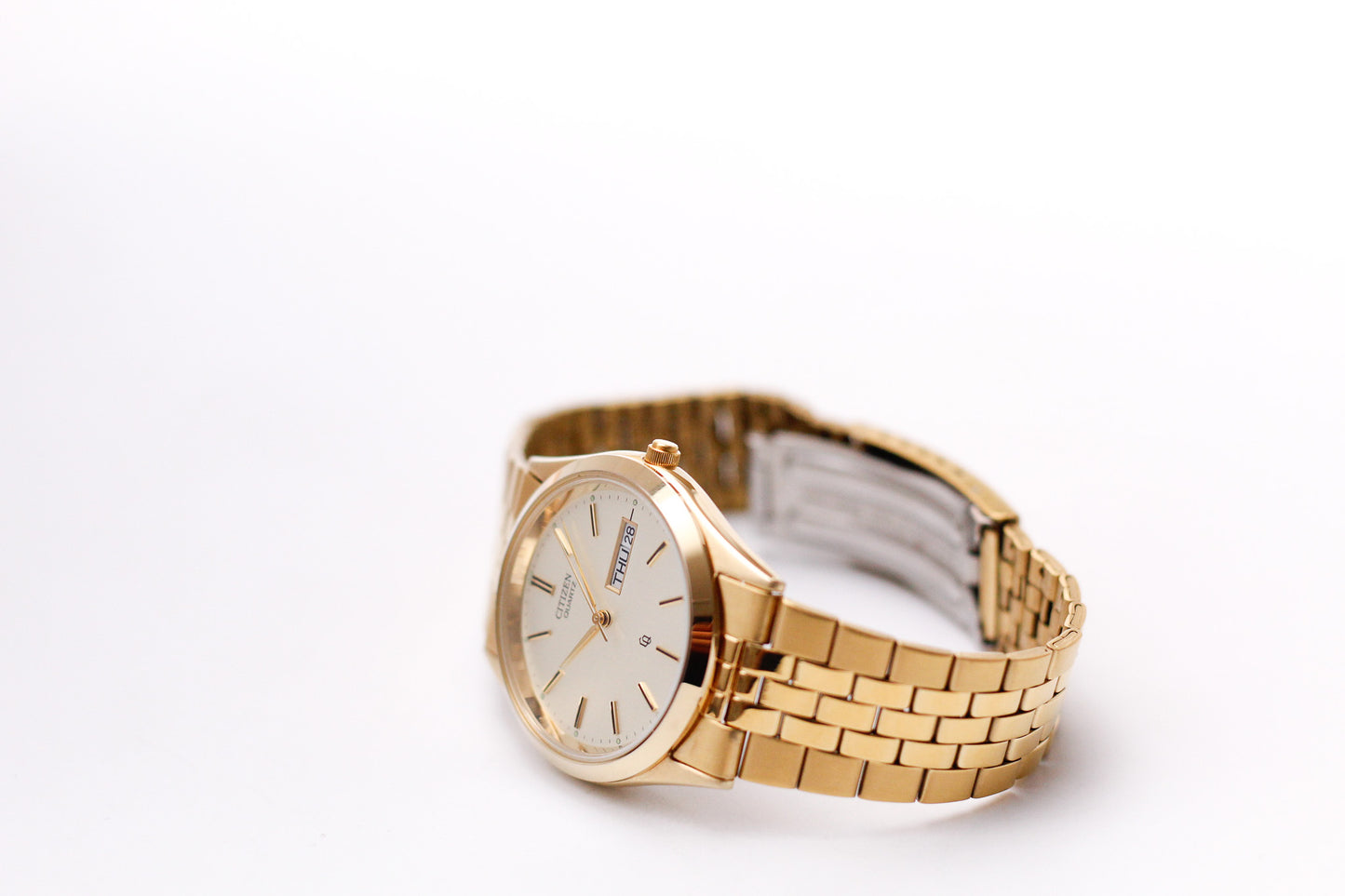 [Mint] 1999 Citizen Quartz Straight Grain Golden Dial Men's Wrist-Watch W/Box