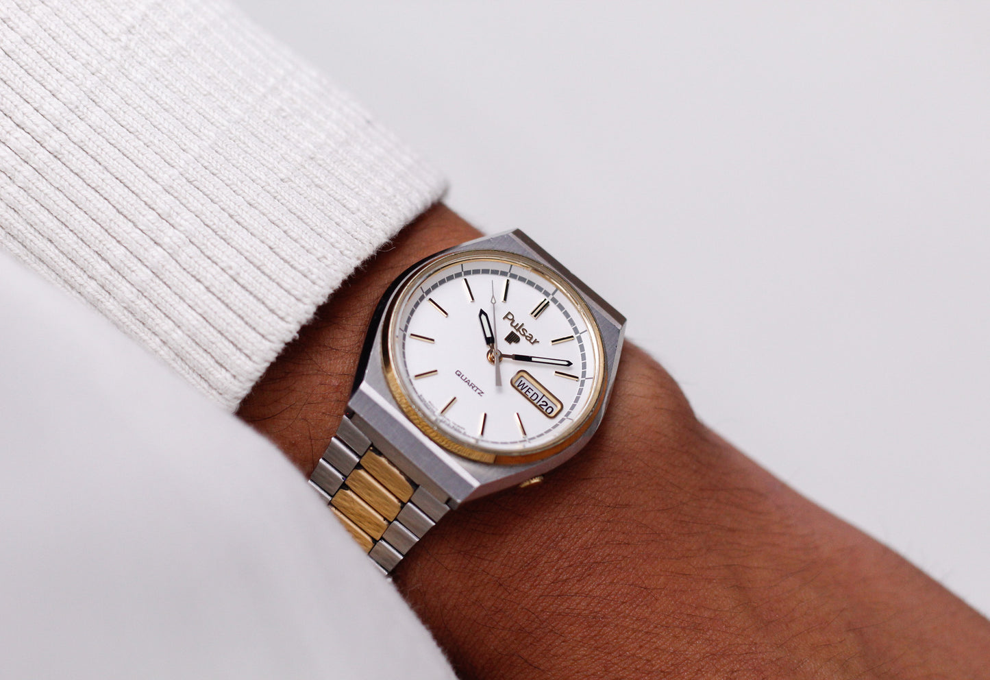 1980 Pulsar Quartz Stark White Dial Men's Two Tone Wrist Watch
