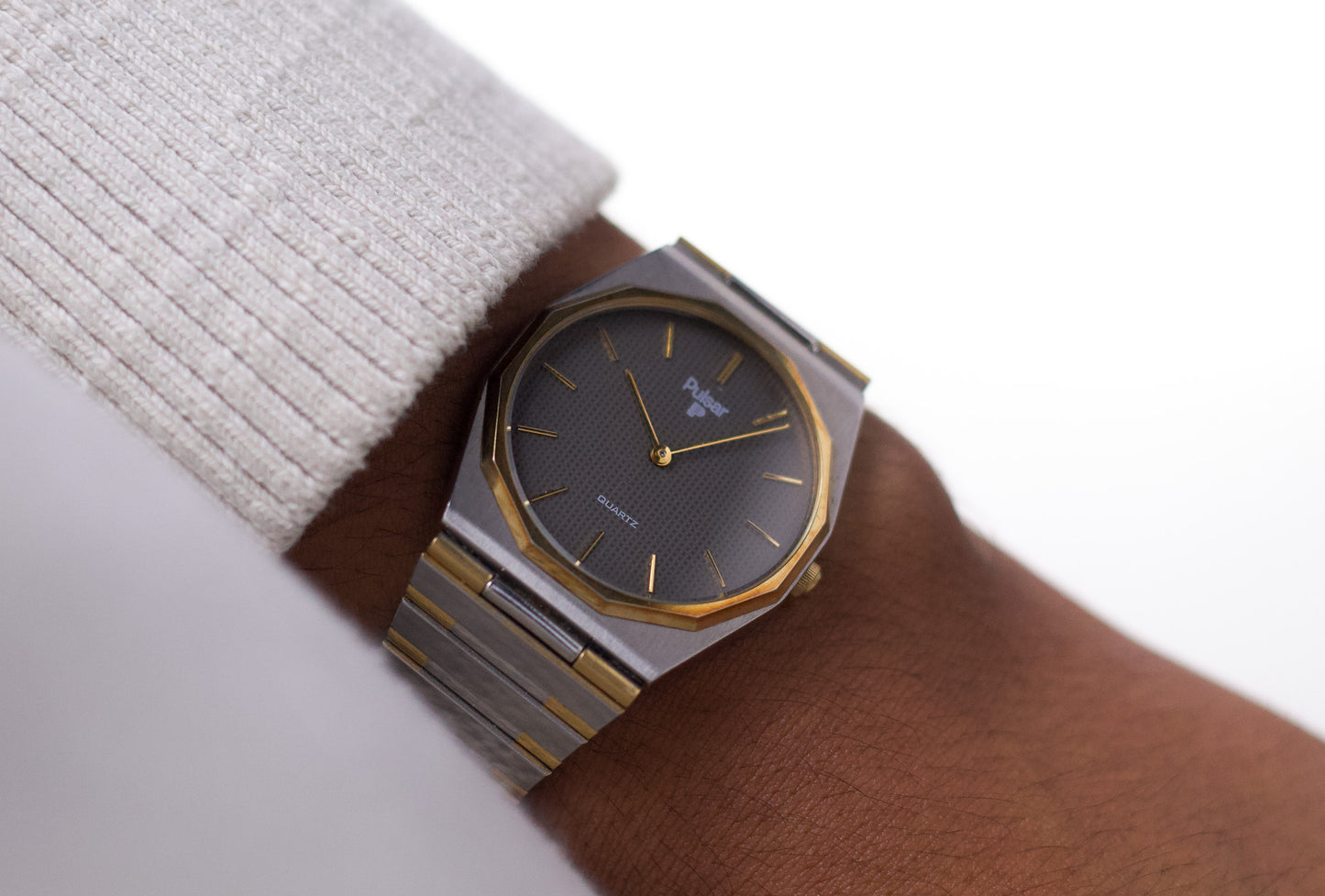 1993 Pulsar Quartz Gray Waffle Dial Two Tone Men's Wrist-Watch
