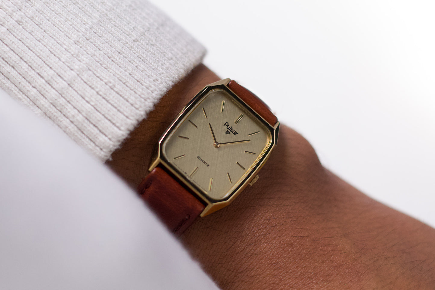 1994 Pulsar Quartz Linen Golden Dial Tank Men's Wrist-Watch