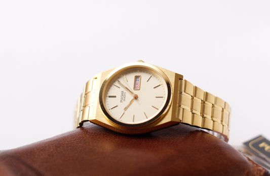 [Near Mint] 1990s Pulsar Quartz Straight Grain Golden Dial Men's Wrist-Watch