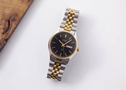 1990s Citizen Baby 'Day-Date' Inky Black Dial Two Toned Men's Wrist-Watch