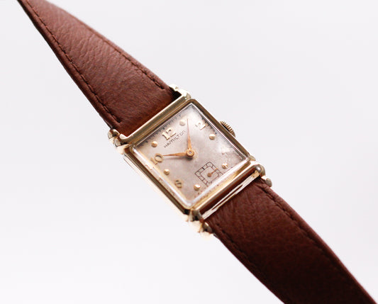 [Serviced] 1940s Hamilton Golden Art Deco Dial Men's Mechanical Wrist Watch