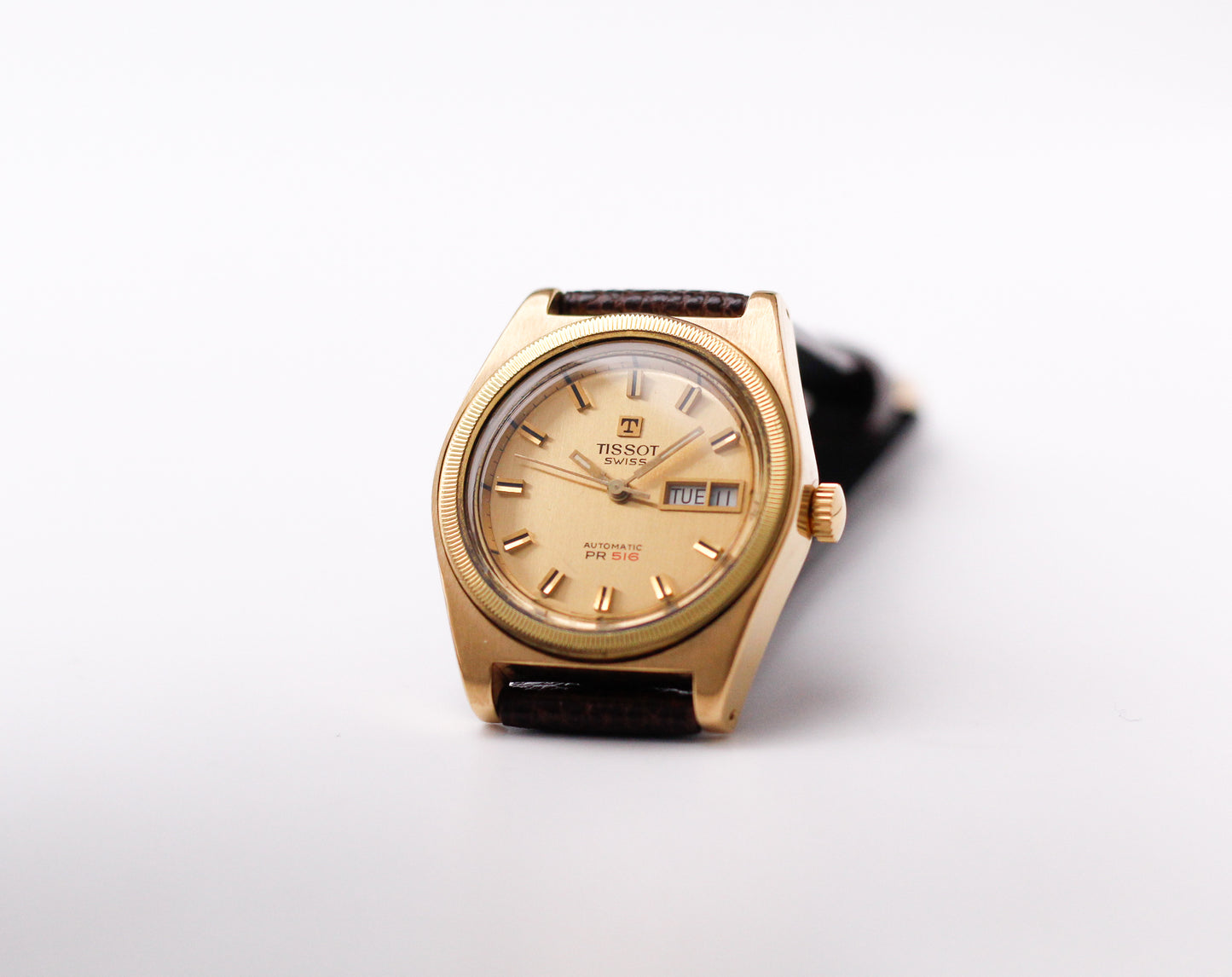 [Serviced] 1970s Tissot PR-516 Automatic Straight Grain Golden Dial Men's Wrist-Watch