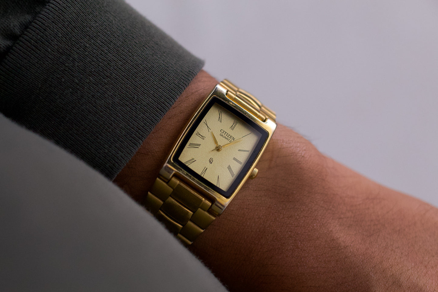 1995 Citizen CQ Quartz Tank Textured Golden Dial Men's Wrist-Watch