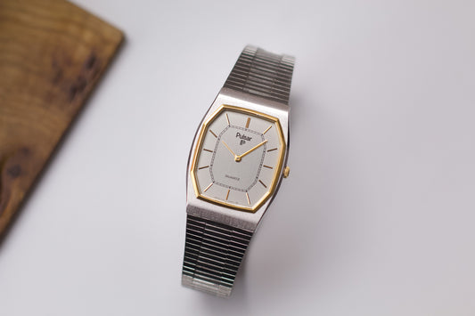 1993 Pulsar Quartz Straight Grain Gray Dial Two Tone Men's Wrist Watch