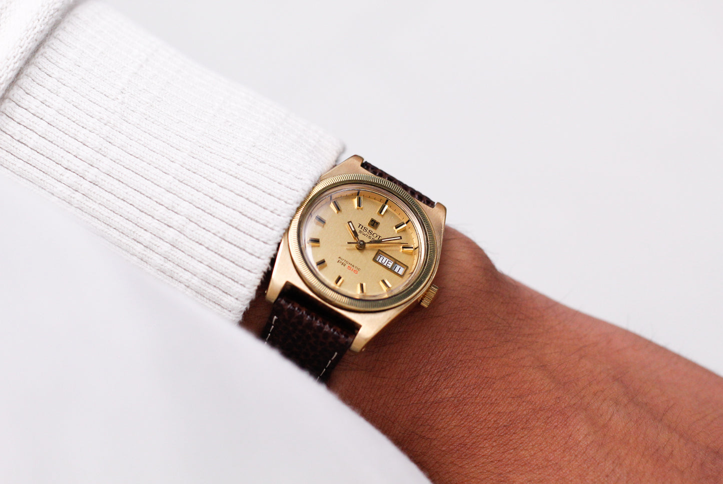 [Serviced] 1970s Tissot PR-516 Automatic Straight Grain Golden Dial Men's Wrist-Watch