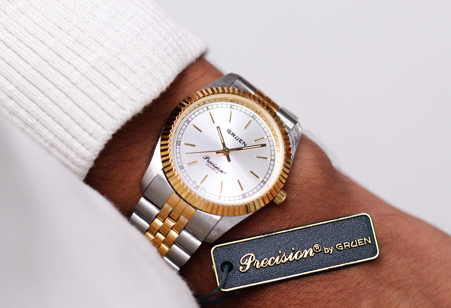 1990s Gruen Precision Quartz Silver Sunburst Dial Two Tone Case Couples' Watches