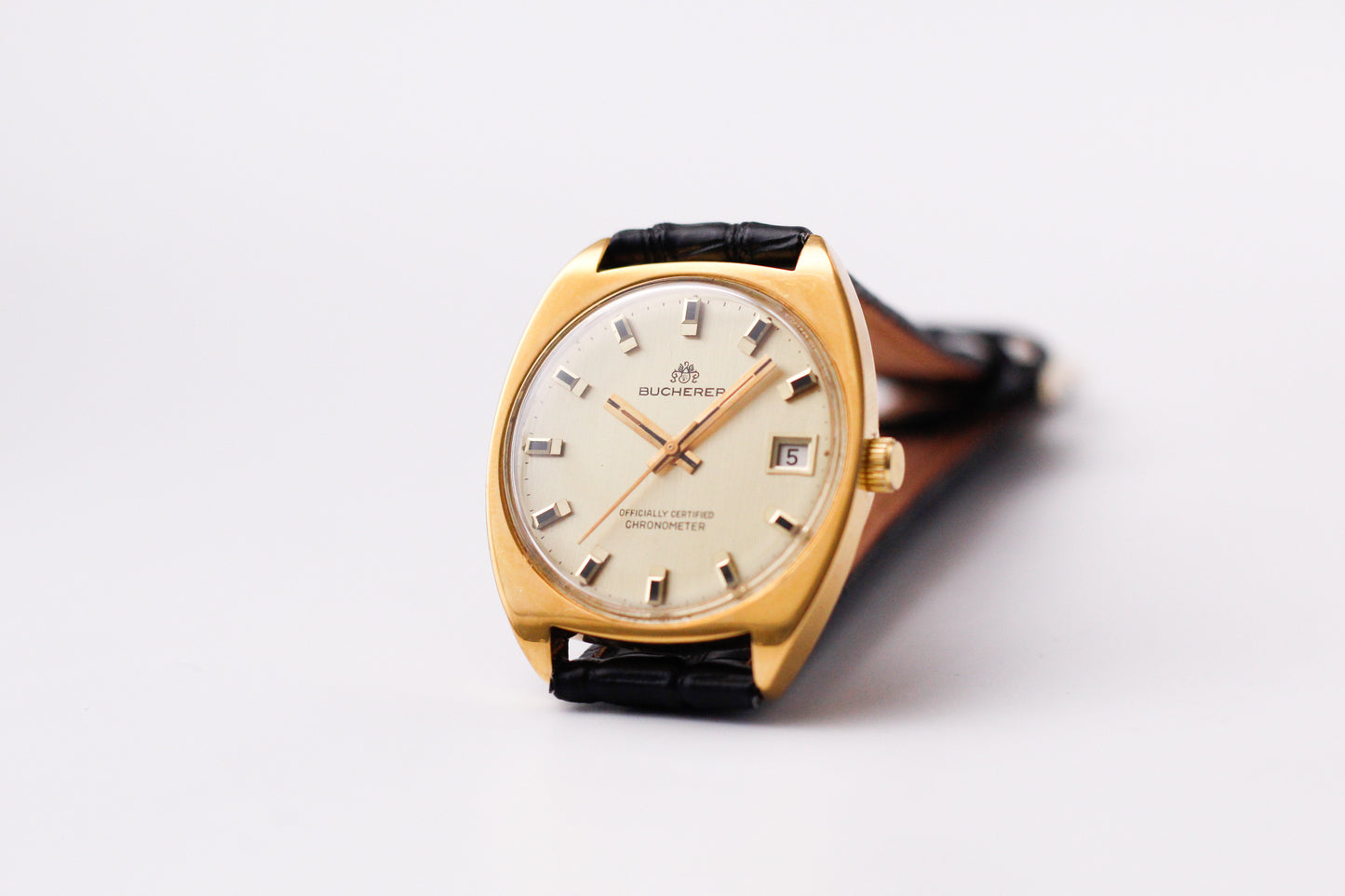 [Serviced] 1970s Bucherer Chronometer Straight Grain Golden Dial Men's Wrist-Watch