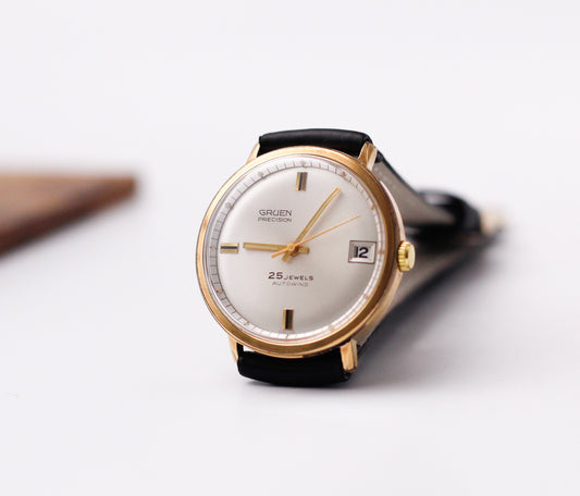 [Serviced] 1960s Gruen Autowind Mechanical Silver Sunburst Dial Men's Wrist-Watch