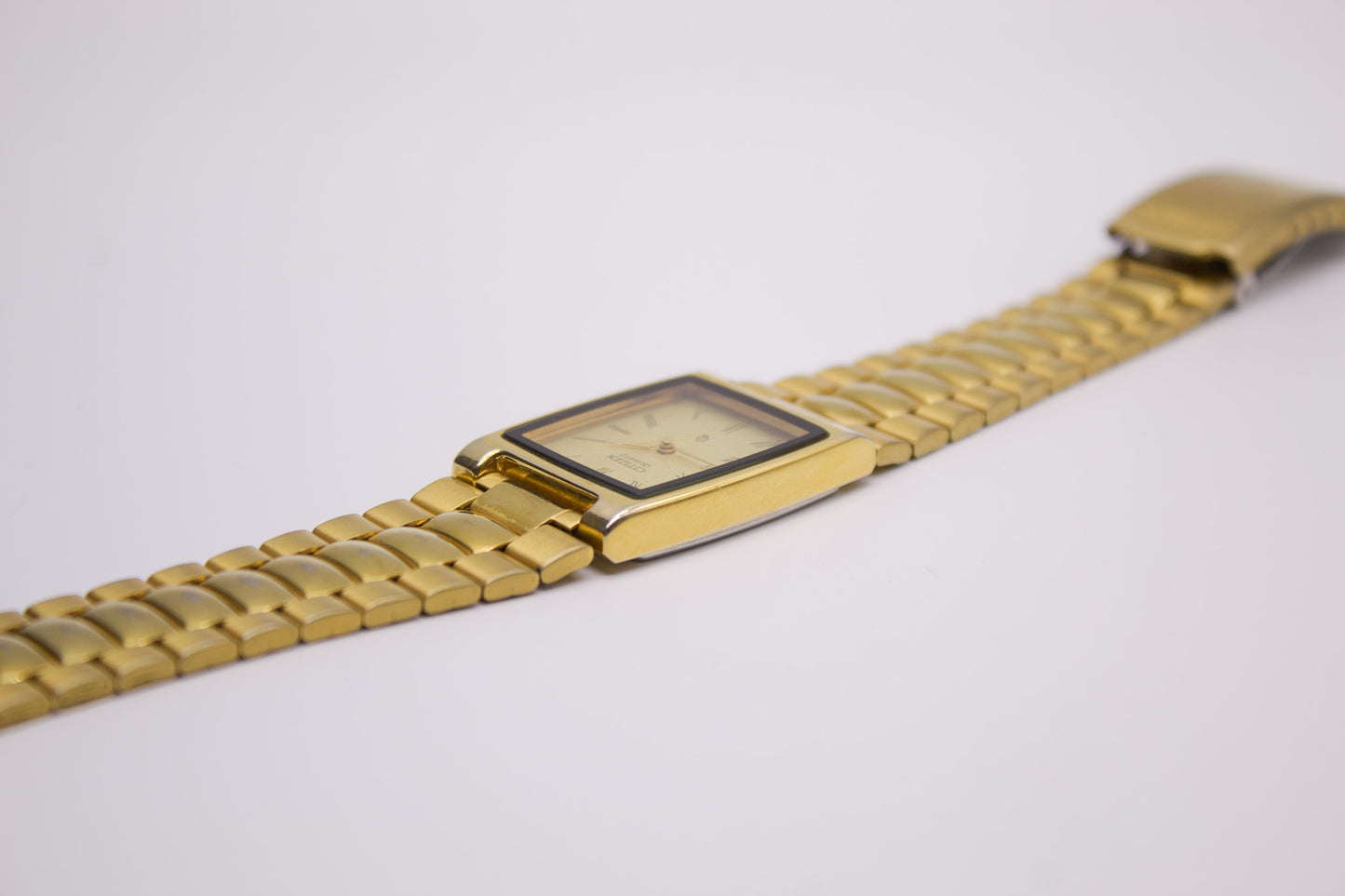 1995 Citizen CQ Quartz Tank Textured Golden Dial Men's Wrist-Watch