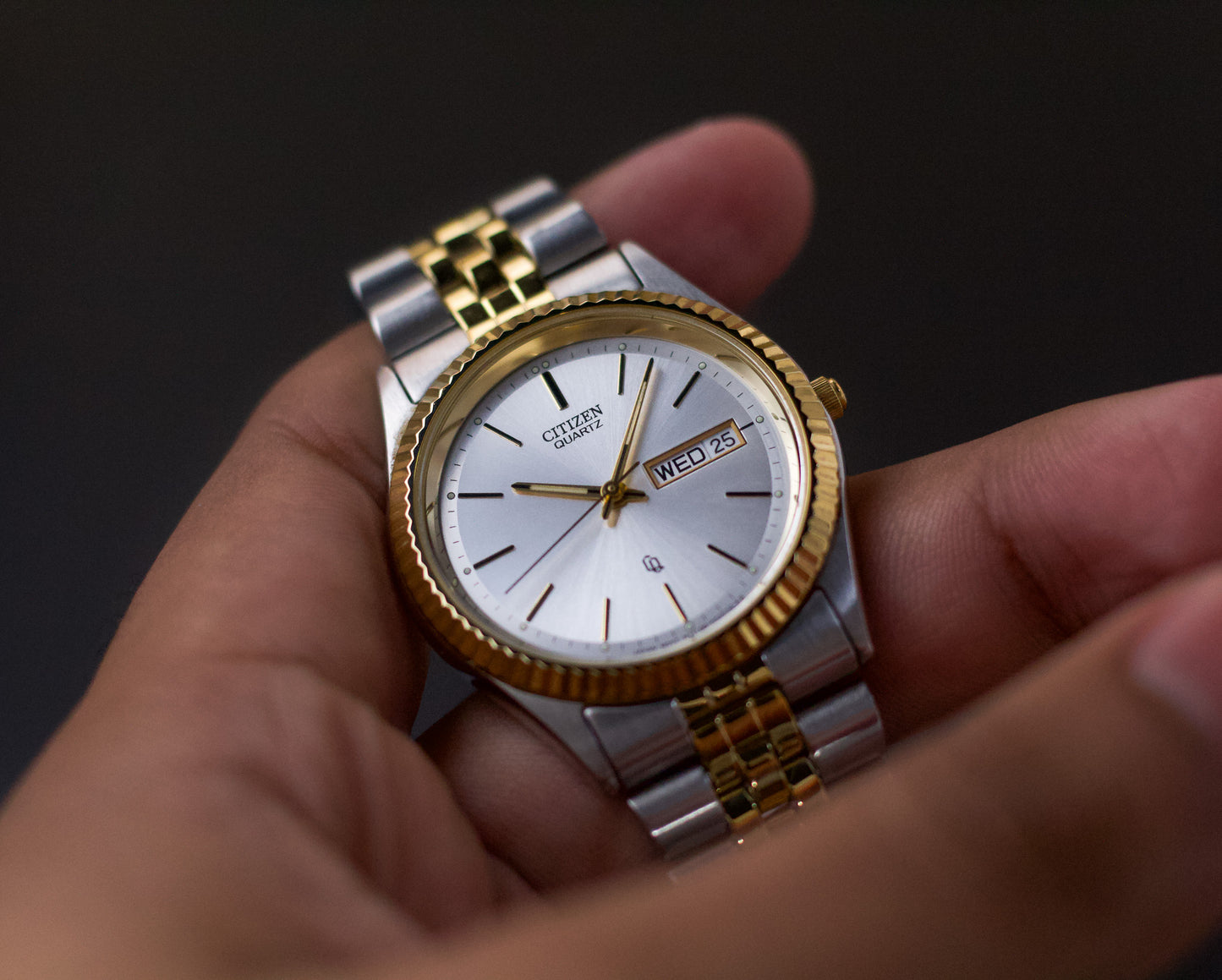 1990s Citizen Baby 'Day-Date' Silver Dial Two Tone Men's Wrist Watch