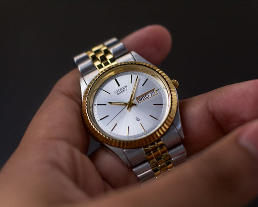 1990s Citizen Baby 'Day-Date' Silver Dial Two Tone Men's Wrist Watch