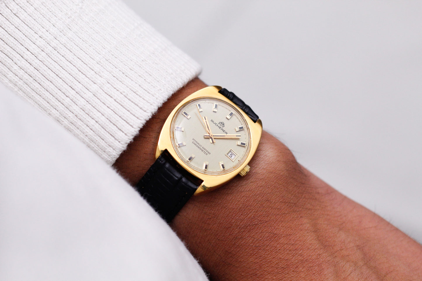 [Serviced] 1970s Bucherer Chronometer Straight Grain Golden Dial Men's Wrist-Watch