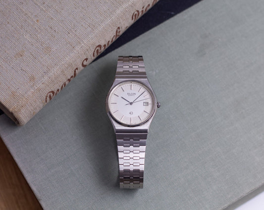1970s Elgin Two-Tone White Dial Men's Quartz Wrist-Watch