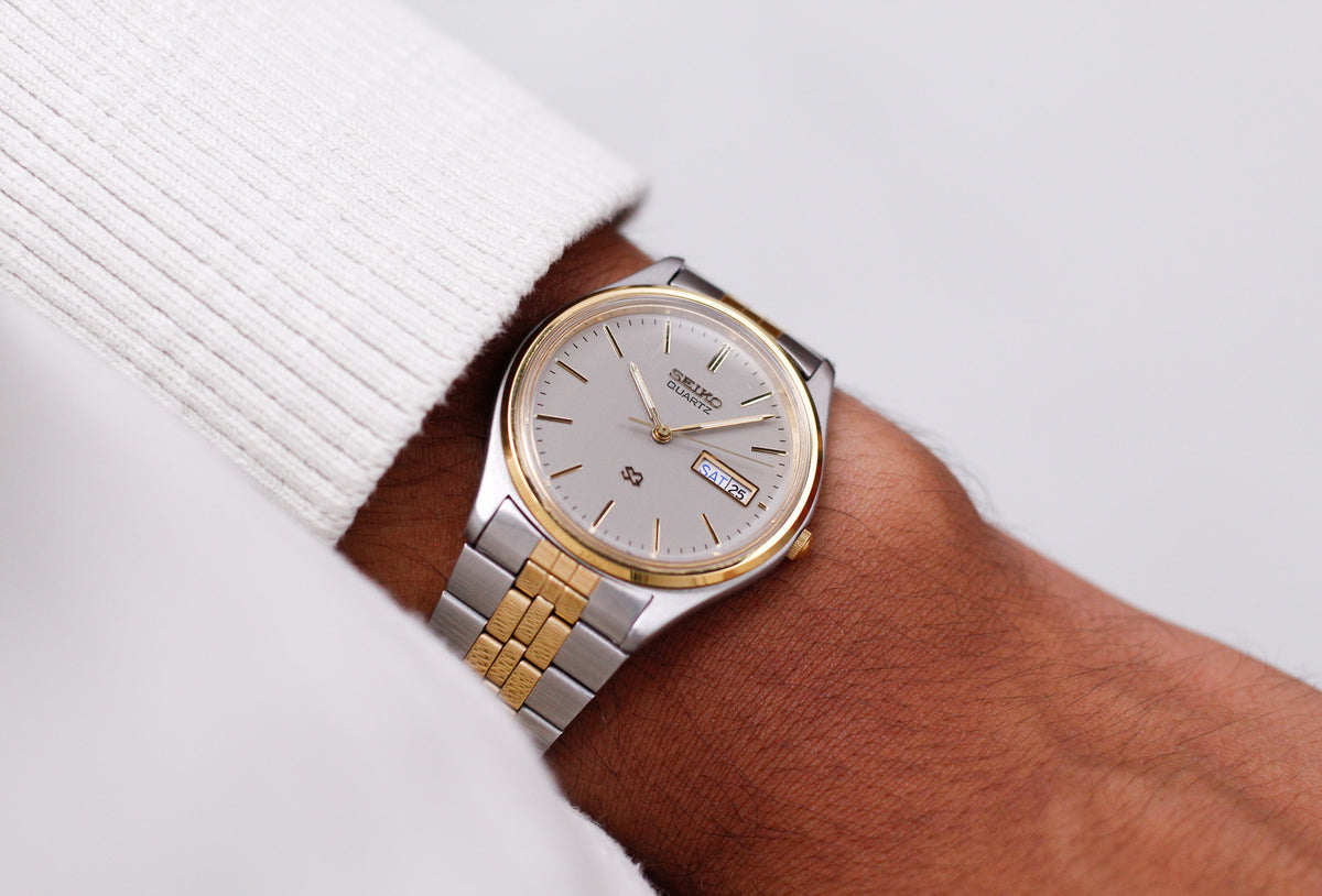 1989 Seiko SQ Quartz Two Tone Gray Dial Men's Wrist-Watch W/Box